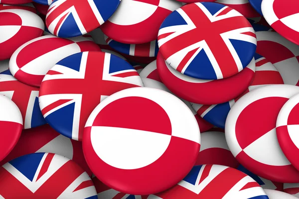 Fondo de las insignias de Groenlandia y Reino Unido - Pila de botones de bandera británica y groenlandesa Ilustración 3D — Foto de Stock