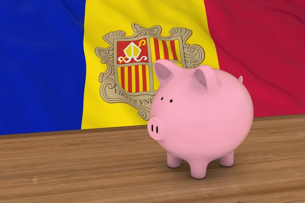 Conceito de Finanças de Andorra - Piggybank em frente à Bandeira de Andorra Ilustração 3D — Fotografia de Stock