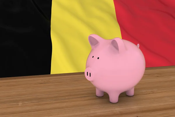 Bélgica Finance Concept - Piggybank delante de la bandera belga Ilustración 3D — Foto de Stock