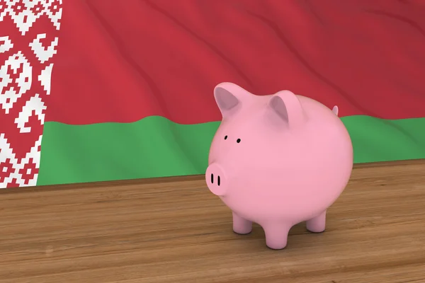 Belarus Finance Concept - Piggybank na frente da bandeira bielorrussa ilustração 3D — Fotografia de Stock