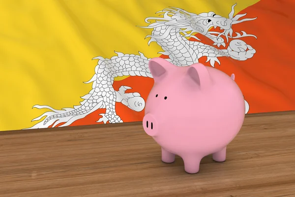 Conceito de Finanças do Butão - Piggybank na frente da Bandeira do Butão Ilustração 3D — Fotografia de Stock