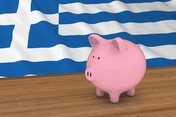 Grecia Finance Concept - Salvadanaio davanti alla bandiera greca Illustrazione 3D — Foto Stock