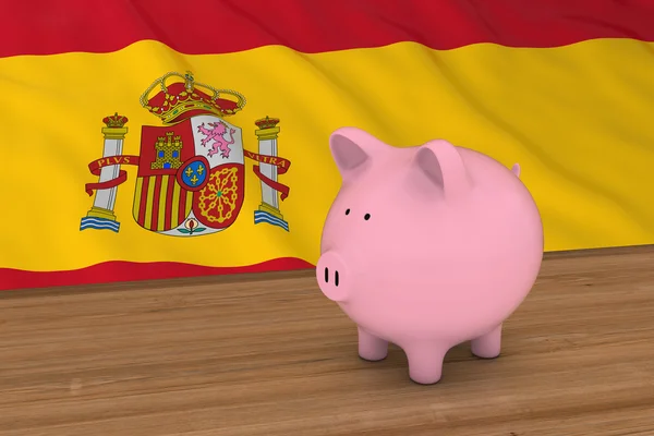 西班牙金融概念 - 西班牙国旗3D插图前的小猪银行 — 图库照片