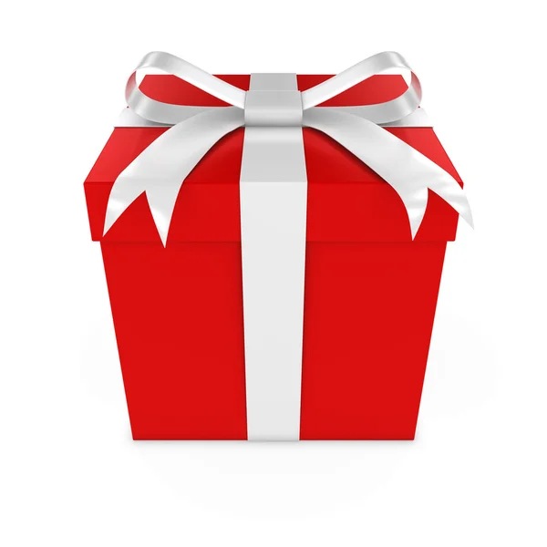Червоний подарунок перев'язані білий лук - 3d візуалізації червоний подарунковій коробці з білої стрічку, ізольовані на білому — стокове фото