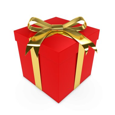 Kırmızı Christmas Present bir parlak altın yay ile bir kırmızı hediye kutusu ile bir altın beyaz izole kurdele - 3d render bağlı