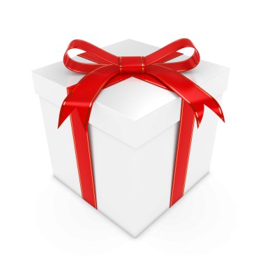Beyaz hediye Altın çizgili - beyaz hediye kutusu altın ile 3d render ile bir kırmızı yay ile bağlayıp kırmızı kurdele beyaz izole