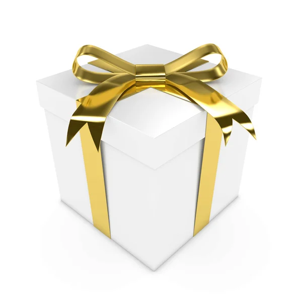 Anniversario / Regalo di nozze - Rendering 3D di una confezione regalo bianca con un nastro d'oro isolato su bianco — Foto Stock