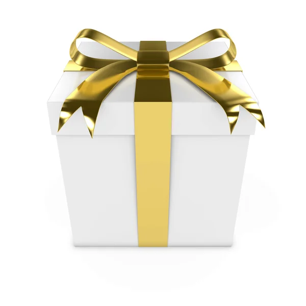 Jubiläum / Hochzeitsgeschenk - 3D-Darstellung einer weißen Geschenkschachtel mit goldenem Band isoliert auf weiß — Stockfoto