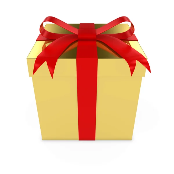 Блискучий золото Різдвяний подарунок перев'язані червоний лук - 3d візуалізації Золотий подарунковій коробці з червоною стрічкою, ізольовані на білому — стокове фото