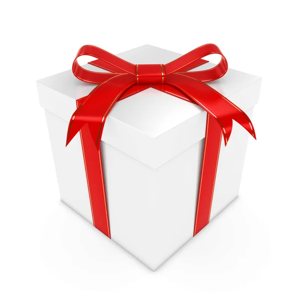 Presente branco amarrado com um arco vermelho com listras douradas - renderização 3D de uma caixa de presente branca com fita dourada e vermelha isolada em branco — Fotografia de Stock