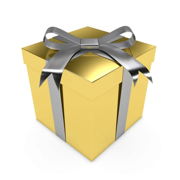 Goldglänzendes Weihnachtsgeschenk gebunden mit einer silbernen Schleife - 3D-Darstellung einer goldenen Geschenkschachtel mit silbernem Band isoliert auf weiß — Stockfoto