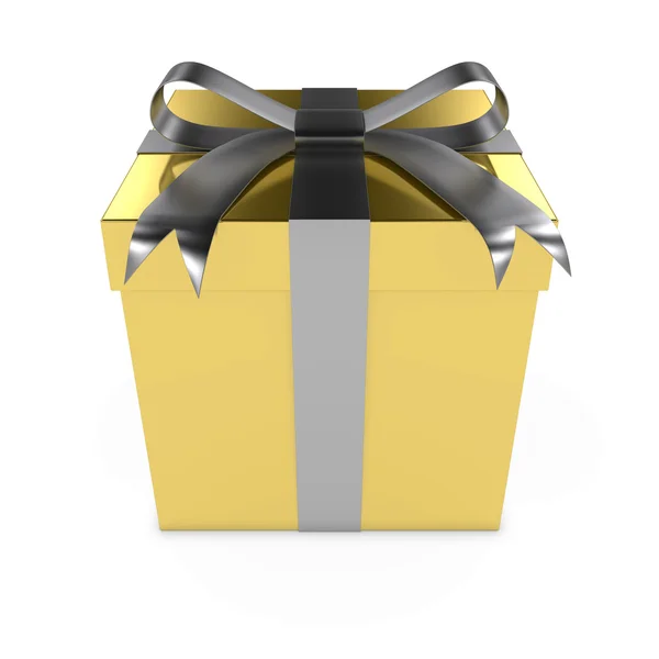 Glimmend goud Christmas Present gebonden met een strik zilver - 3d render van een Golden Gift Box met een Silver Ribbon geïsoleerd op wit — Stockfoto