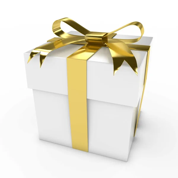 Presente caixa de presente branco com ouro brilhante fita 3D ilustração — Fotografia de Stock