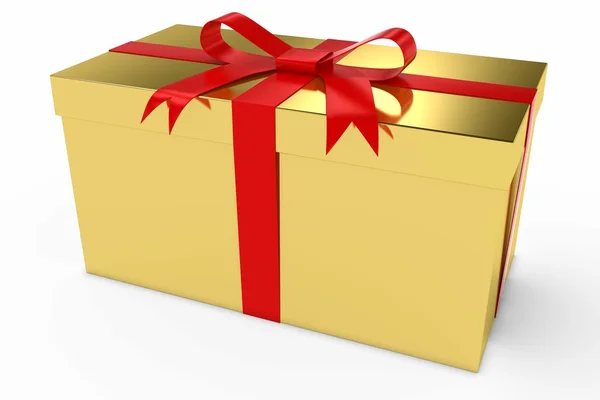Gold Weihnachtsgeschenkschachtel mit roter Schleife 3d Illustration — Stockfoto