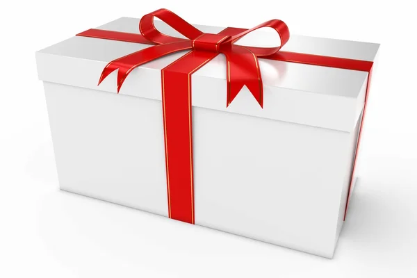 Karácsonyi ajándék - ajándék doboz, arany és piros szalag 3D-s illusztráció — Stock Fotó