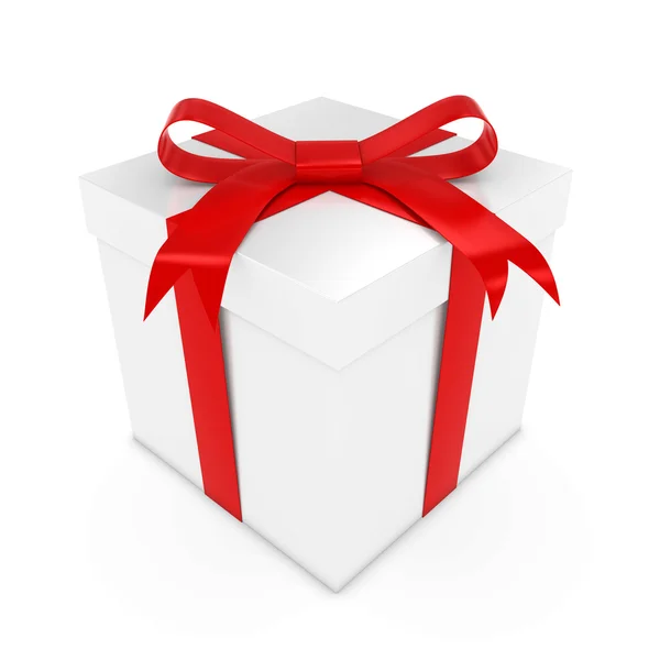 White Present Tied with a Red Bow - 3D render of a White Gift Box with a Red Ribbon isolated on white — Stock Photo, Image