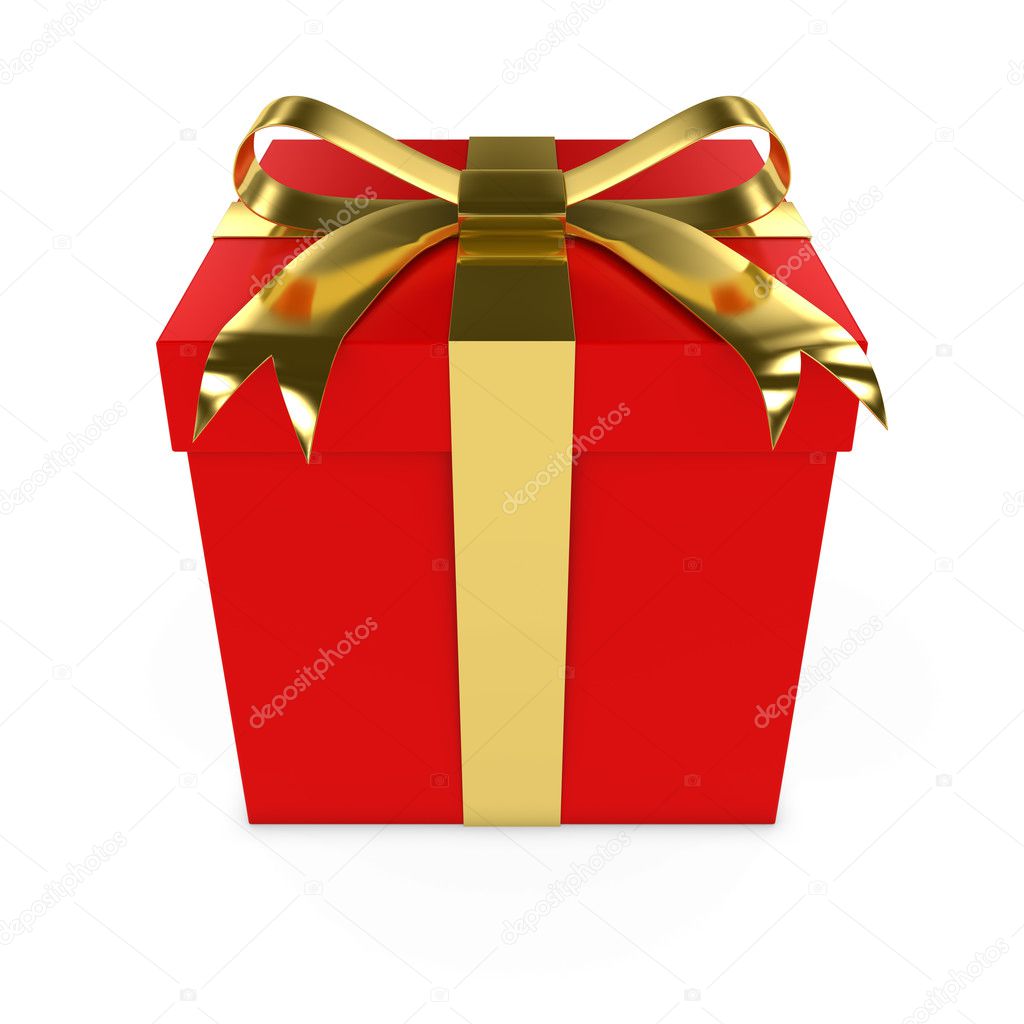 Red Christmas Present tied with a Shiny Gold Bow - 3D render of a Red Gift Box with a Golden Ribbon isolated on white