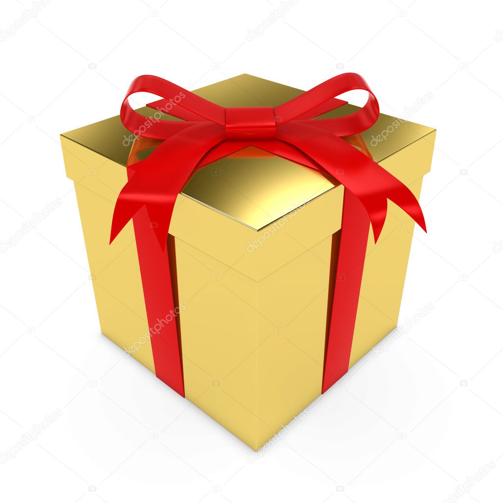 Shiny Gold Christmas Present tied with a Red Bow - 3D render of a Golden Gift Box with a Red Ribbon isolated on white