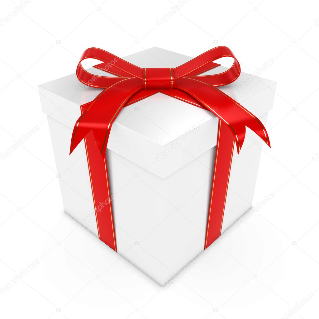 White Present Tied with a Red Bow with Gold Stripes - 3D render of a White Gift Box with Gold and Red Ribbon isolated on white