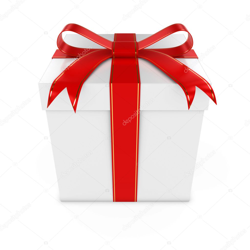 White Present Tied with a Red Bow with Gold Stripes - 3D render of a White Gift Box with Gold and Red Ribbon isolated on white