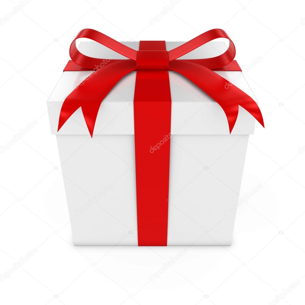 White Present Tied with a Red Bow - 3D render of a White Gift Box with a Red Ribbon isolated on white