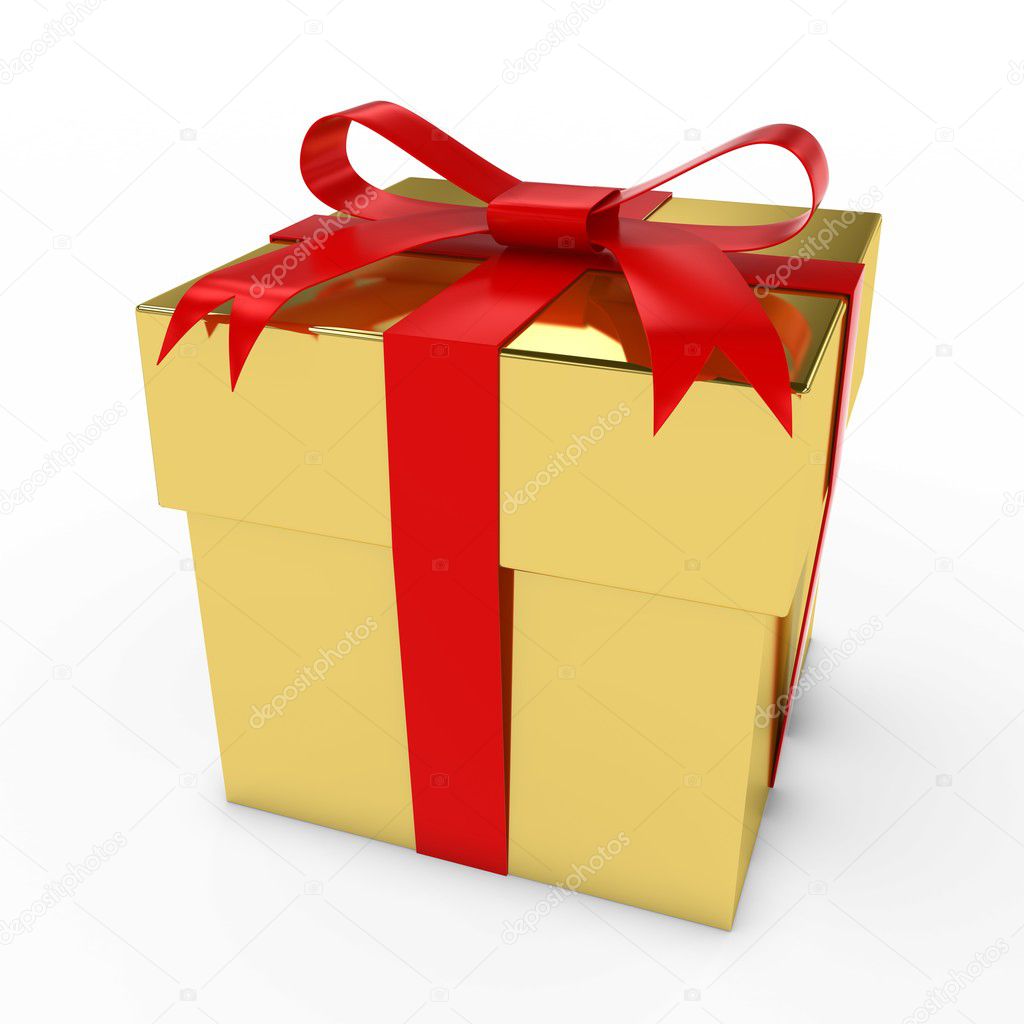 Gold Christmas Present Gift Box with Red Bow 3D Illustration