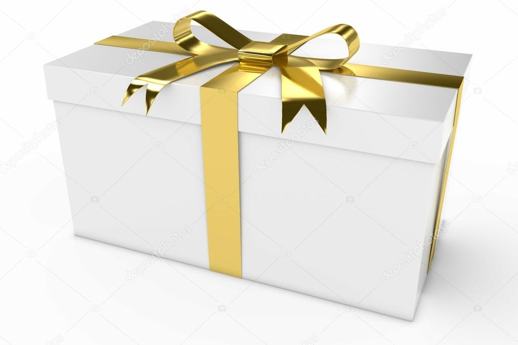 White Gift Box Present with Gold Shiny Ribbon 3D Illustration