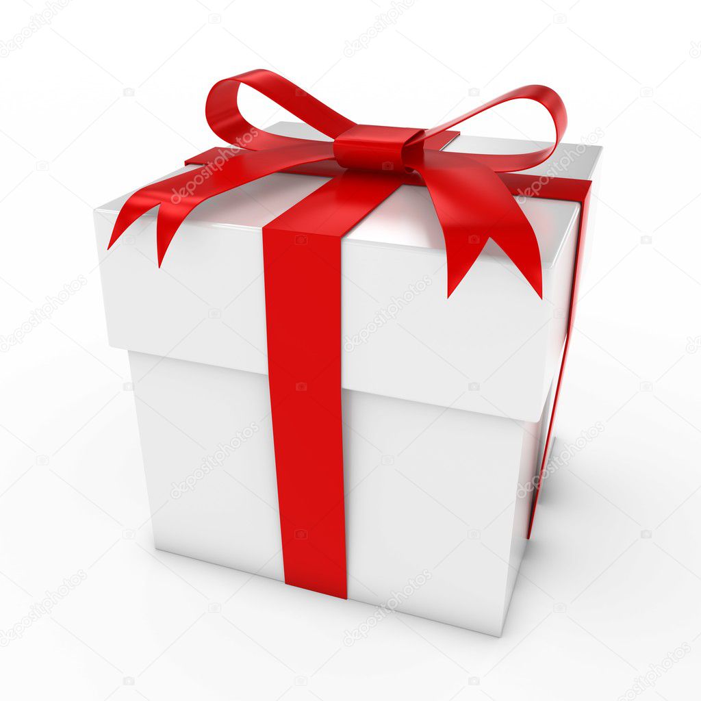 Christmas Present - White Gift Box Tied with Red Bow 3D Illustration