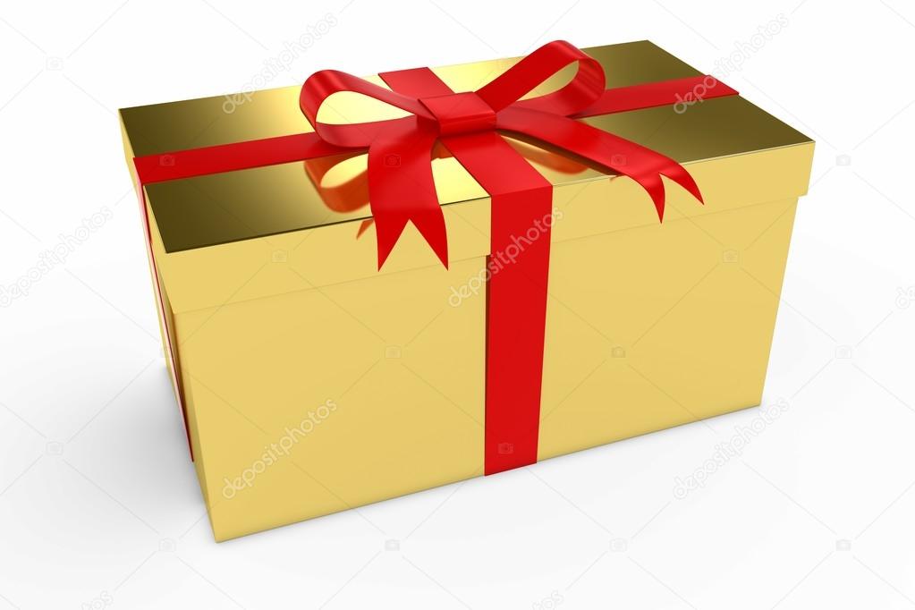 Gold Christmas Present Gift Box with Red Bow 3D Illustration