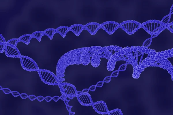 DNA Double Helix Strands em fundo celular azul Ilustração 3D — Fotografia de Stock