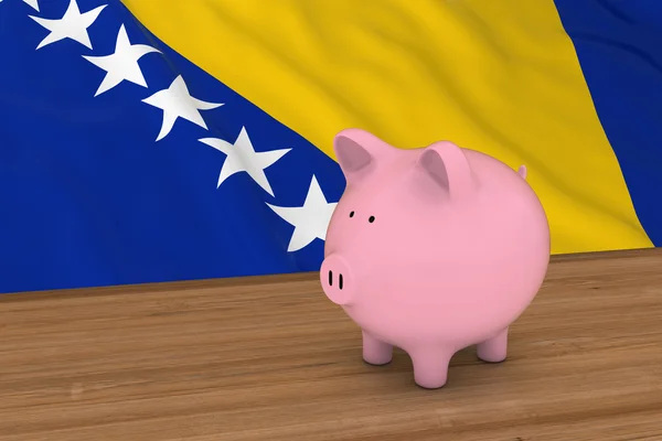 Conceito de Finanças da Bósnia-Herzegovina - Piggybank em frente à Bandeira da Bósnia-Herzegovina Ilustração 3D — Fotografia de Stock