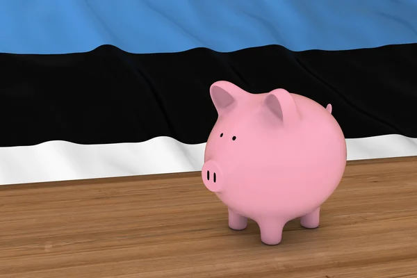 Conceito de Financiamento da Estônia - Piggybank em frente à Bandeira Estoniana Ilustração 3D — Fotografia de Stock