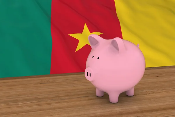 Camerun Finance Concept - Salvadanaio davanti alla bandiera camerunese Illustrazione 3D — Foto Stock