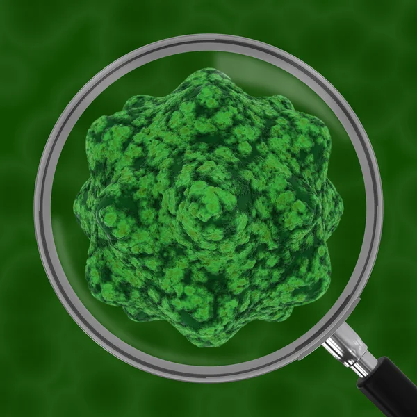 Vírus em fundo desfocado verde sob lupa Ilustração 3D — Fotografia de Stock