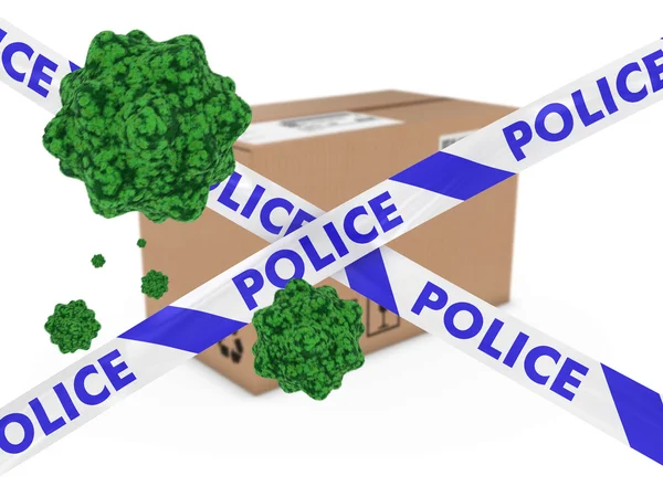 Virusinfiziertes Paket hinter Polizeiband 3d Illustration — Stockfoto