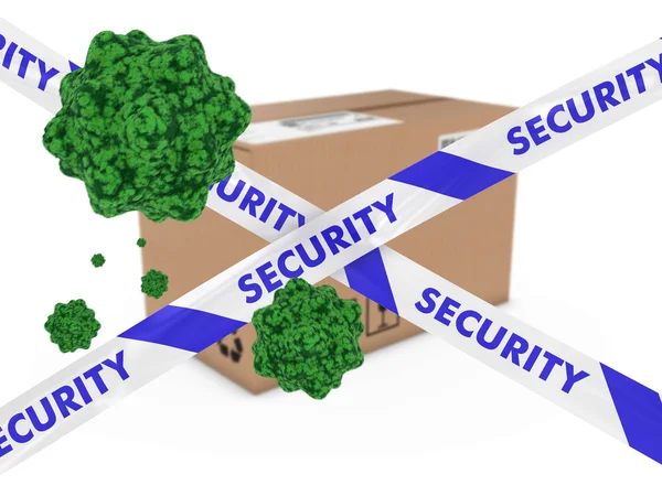 Virus besmette pakket achter Security Tape 3d illustratie — Stockfoto