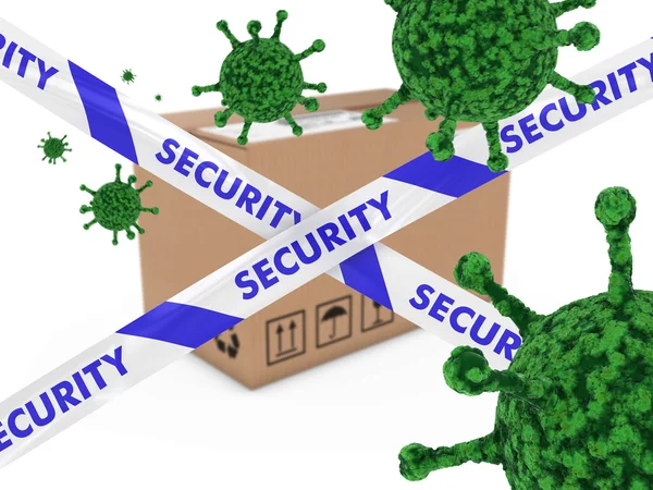 Virus infekterade paketet bakom säkerhet tejp 3d Illustration — Stockfoto