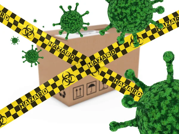 Pacchetto infetto da virus dietro Biohazard Tape 3D Illustrazione — Foto Stock