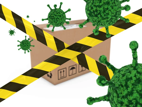 Virus infekterade paketet bakom randig Hazard tejp 3d Illustration — Stockfoto