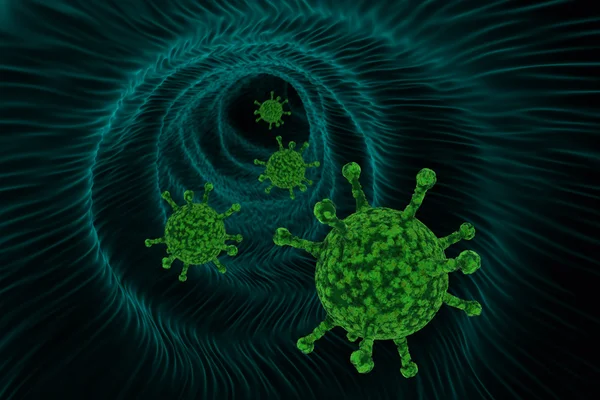 Wirus komputerowy koncepcja - wirusy dryfuje wzdłuż Abstrakcja Niebieski przewód wnętrza 3d ilustracja — Zdjęcie stockowe