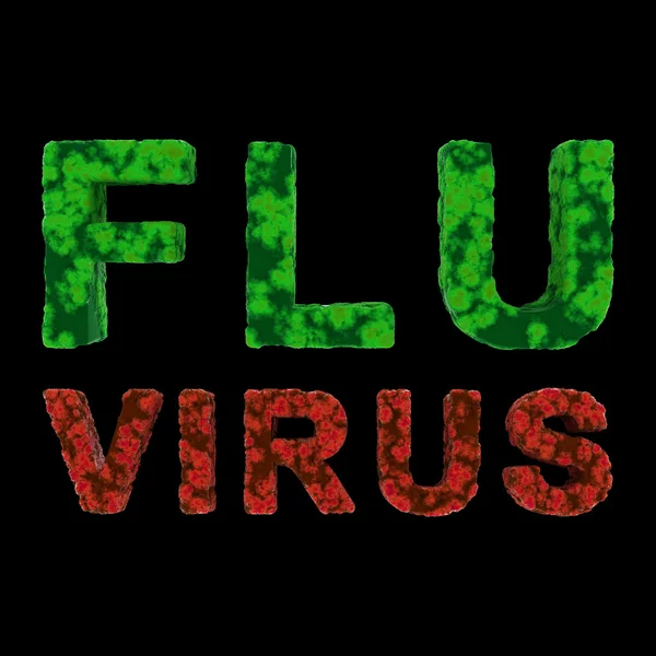 Testo FLU VIRUS rosso e verde isolato su sfondo nero Illustrazione 3D — Foto Stock