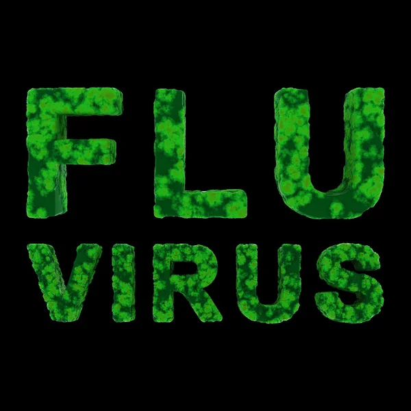 Verde FLU VIRUS Testo isolato su sfondo nero Illustrazione 3D — Foto Stock