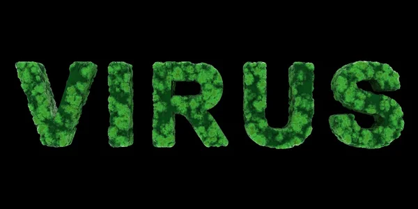 Testo VIRUS verde isolato su sfondo nero Illustrazione 3D — Foto Stock