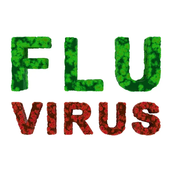Czerwony i zielony grypa wirus tekst na białym tle 3d ilustracji tle — Zdjęcie stockowe