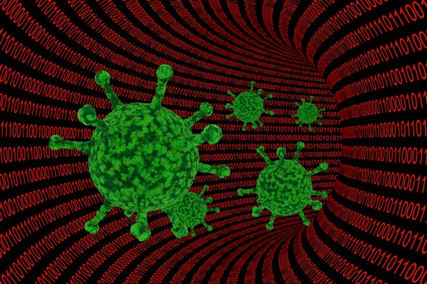 Vírus de computador - Fio de código binário vermelho com vírus verdes ilustração 3D — Fotografia de Stock