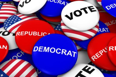 Bizim seçimler kavramı - Demokrat, Cumhuriyetçi, bize bayrak ve oy kampanya iğne yığını içinde 3d çizim