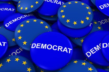 Demokrat Parti kampanya pimleri ve Avrupa Birliği bayrağı düğmeleri 3d çizim