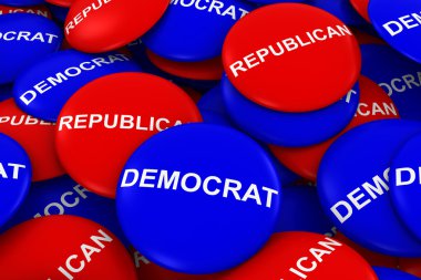 Demokrat Parti vs Cumhuriyetçi parti kampanya düğmeleri kazık 3d çizim