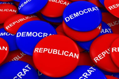 Republican Party vs Democrat Party Campaign Buttons Pile 3D Illustration clipart