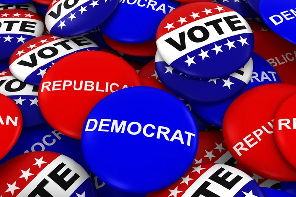 US Elections Concept - Democrat, Republican and Vote Campaign Pins in Pile 3D Illustration — Φωτογραφία Αρχείου